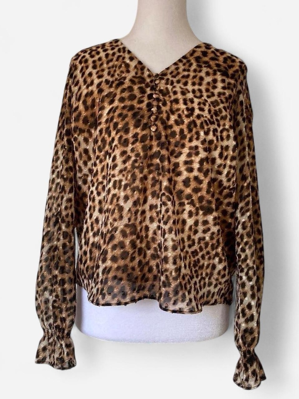 Maison Jules XS Blouse Cheetah Leopard Work Office Ruffle Y2K Button Babydoll